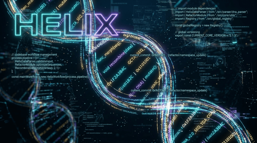 Glowing digital DNA helix with programming code and genetic sequence text